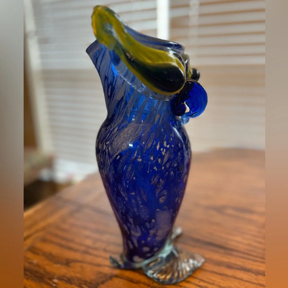 Vintage Murano Glass Hand Blown 12 Inch Tall Blue and Yellow Decorative Owl Vase